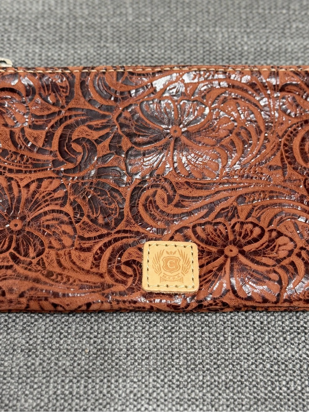 Consuela Brown Floral Embossed Wristlet Clutch Leather Western Luxe Boho Artisan